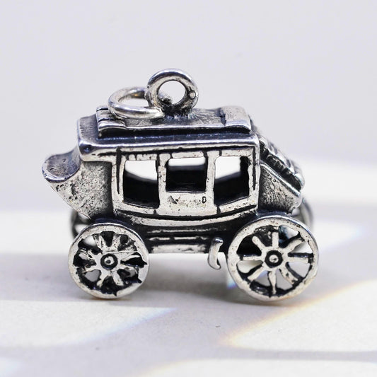 Sterling Silver Stagecoach Charm Pendant, 925 Horse Carriage, Western Wagon
