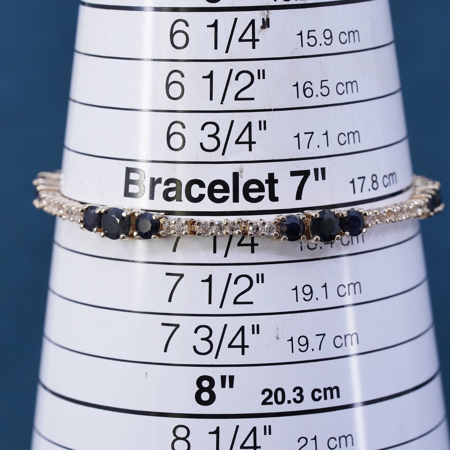 7.25”, vermeil gold over sterling 925 silver tennis bracelet with sapphire cz