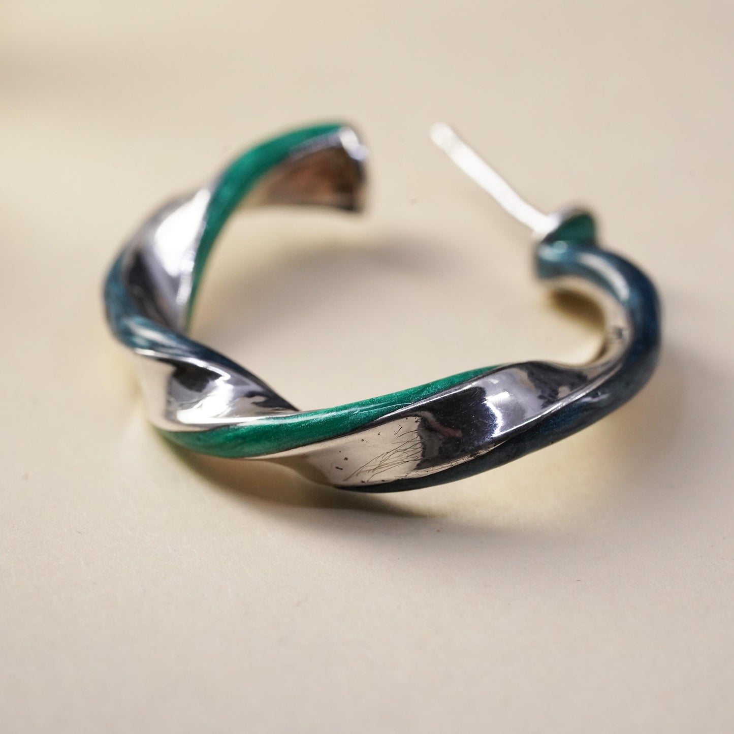 1.25", Vintage sterling silver loop single earring, twisted hoop green enamel