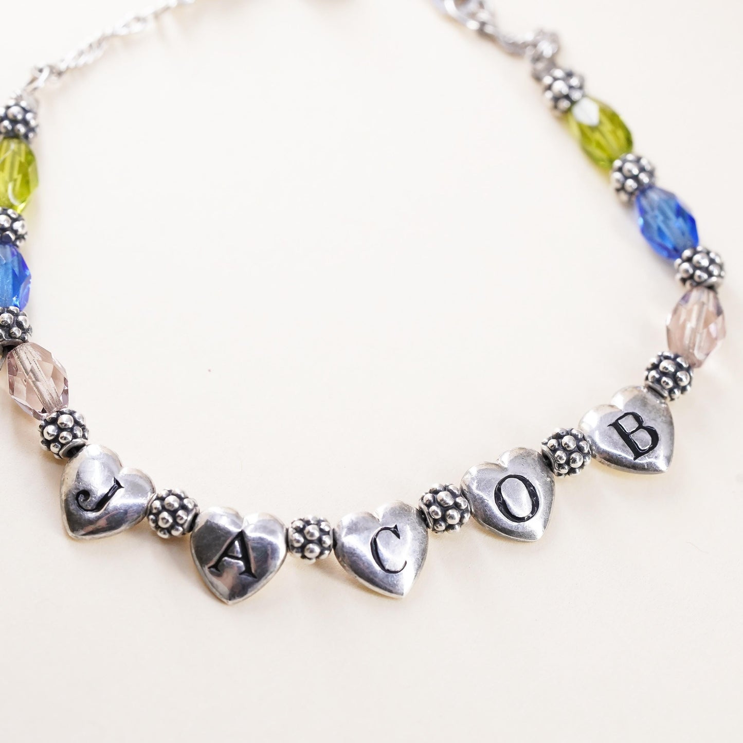 7+1”, Lenox USA Sterling silver bracelet, 925 name Jacob heart charm crystal