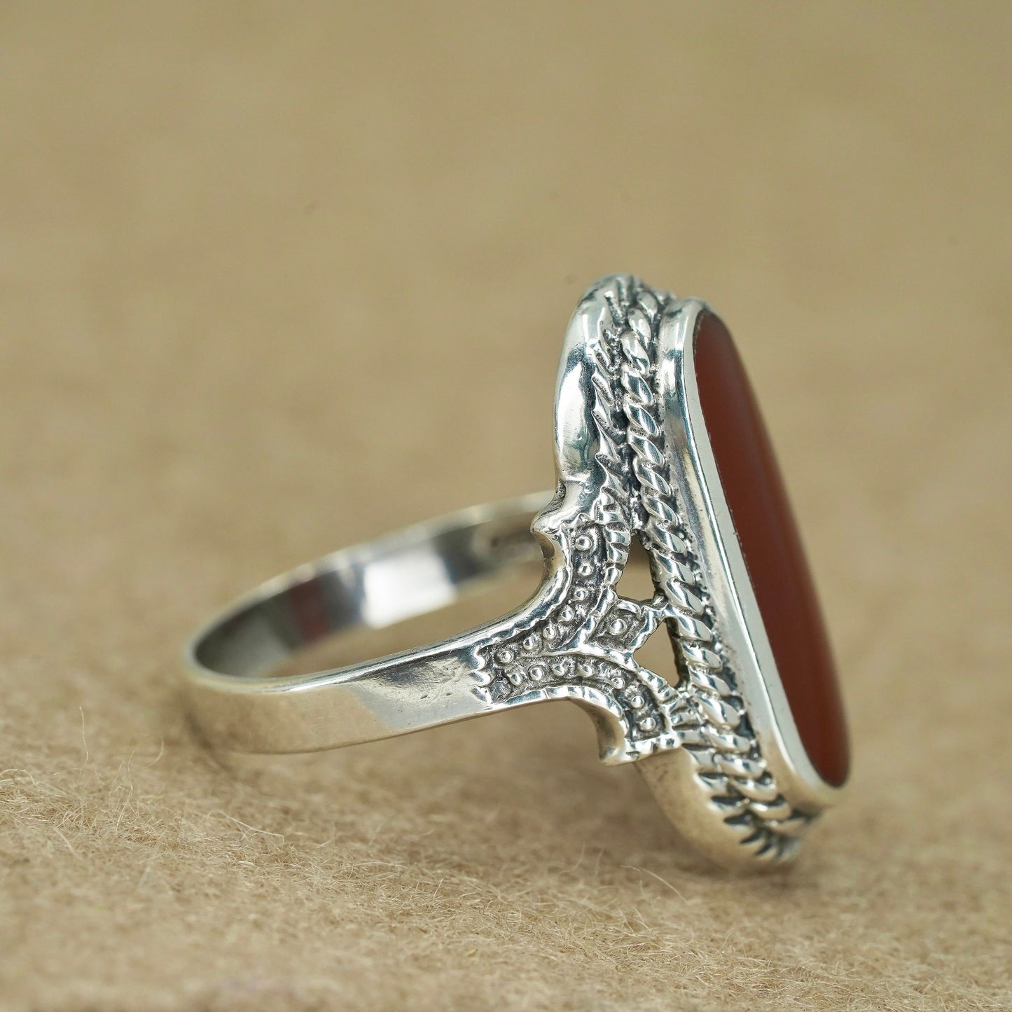 Size 9, southwestern Sterling 925 silver handmade ring with carnelian and cable