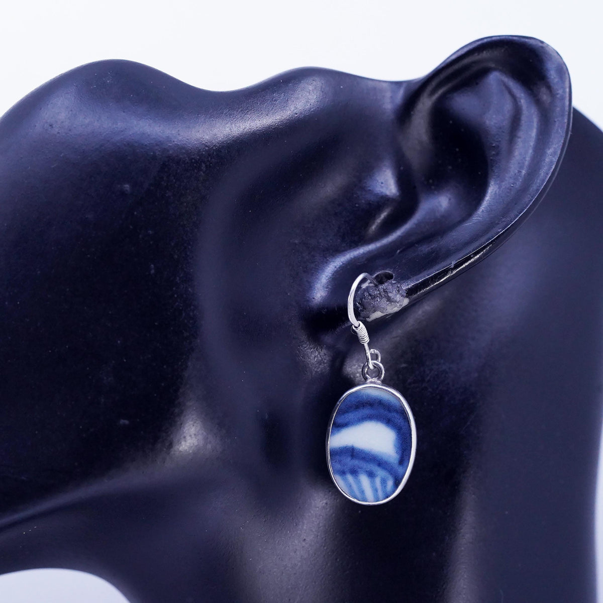 VTG Blue White Porcelain Shard Earrings, Sterling Silver 925, Ceramic Dangles