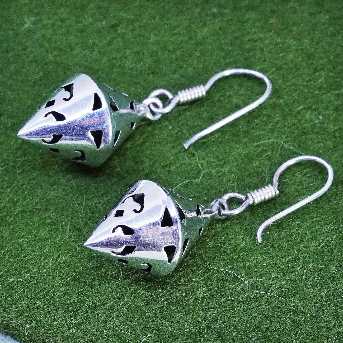 Vintage Sterling silver handmade earrings, textured 925 cone shaped dangles