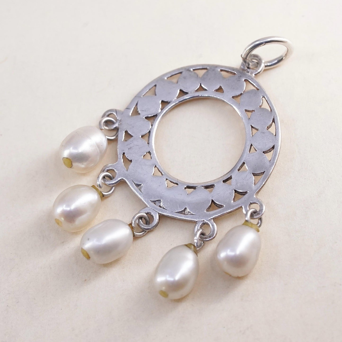 Vintage Sterling silver handmade pendant, 925 beaded circle with pearl dangles