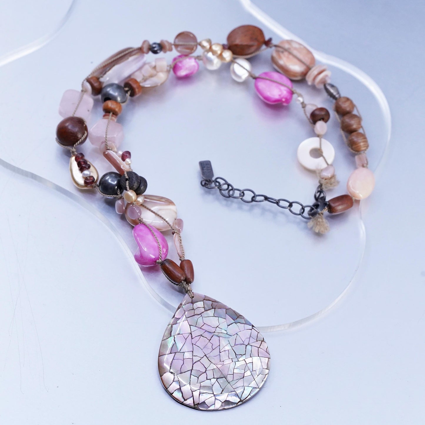 20+2", VTG Peyote Bird Sterling 925 silver handmade pearl wood bead necklace