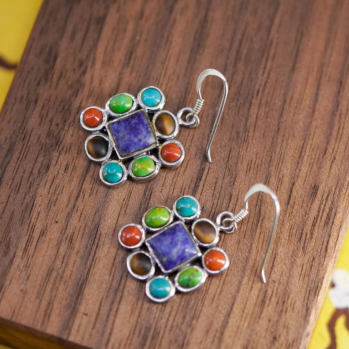 Sterling 925 silver handmade square earrings with Sodalite turquoise and coral
