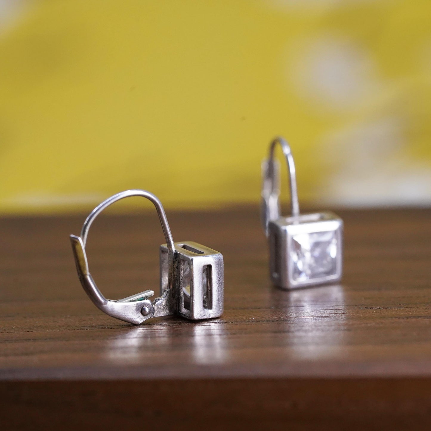 Vintage Sterling 925 silver handmade earrings with square CZ