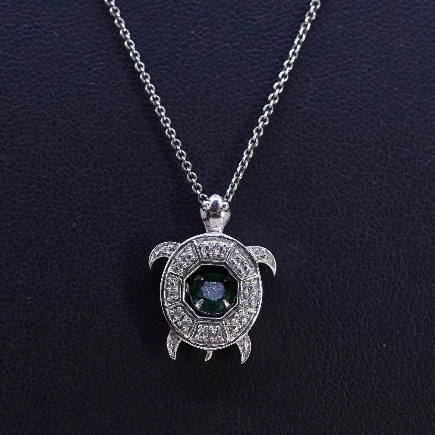 18" Sterling 925 silver circle necklace cluster diamonds emerald turtle pendant