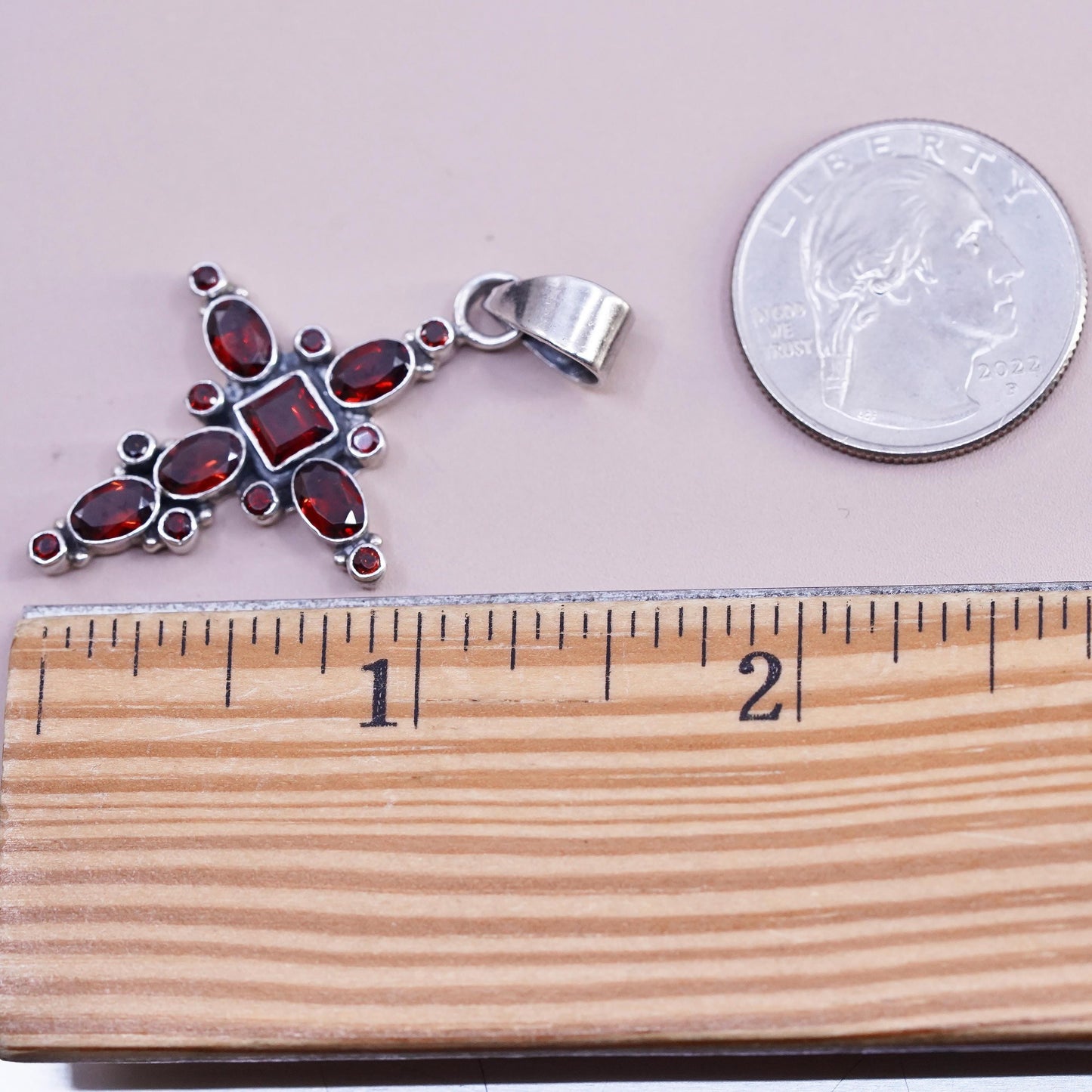 Vintage Sterling silver handmade pendant, 925 cluster ruby cross, stamped 925