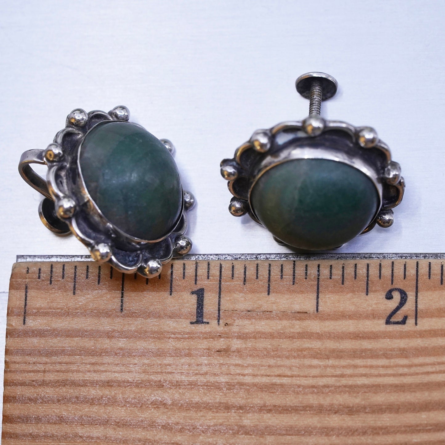 Vintage sterling 925 silver handmade screw back earrings with jade and beads