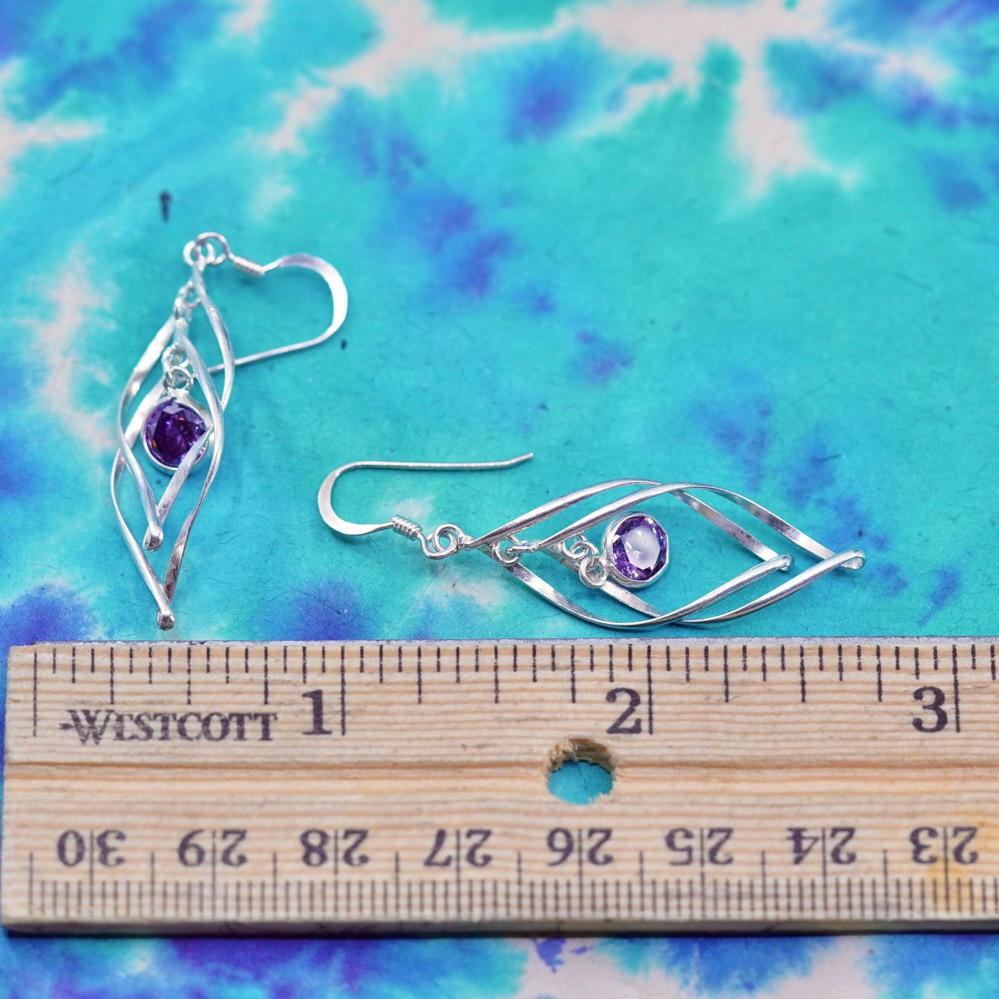Vintage sterling silver handmade earrings, 925 twisty with amethyst