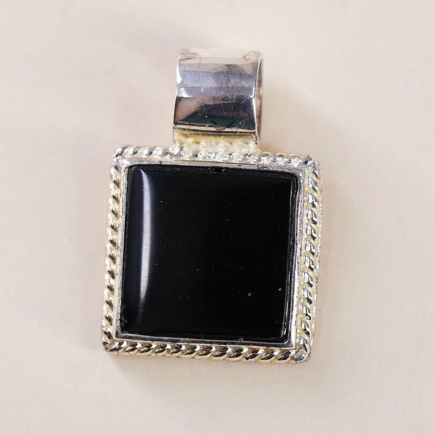 vintage handmade sterling 925 silver square pendant with black onyx