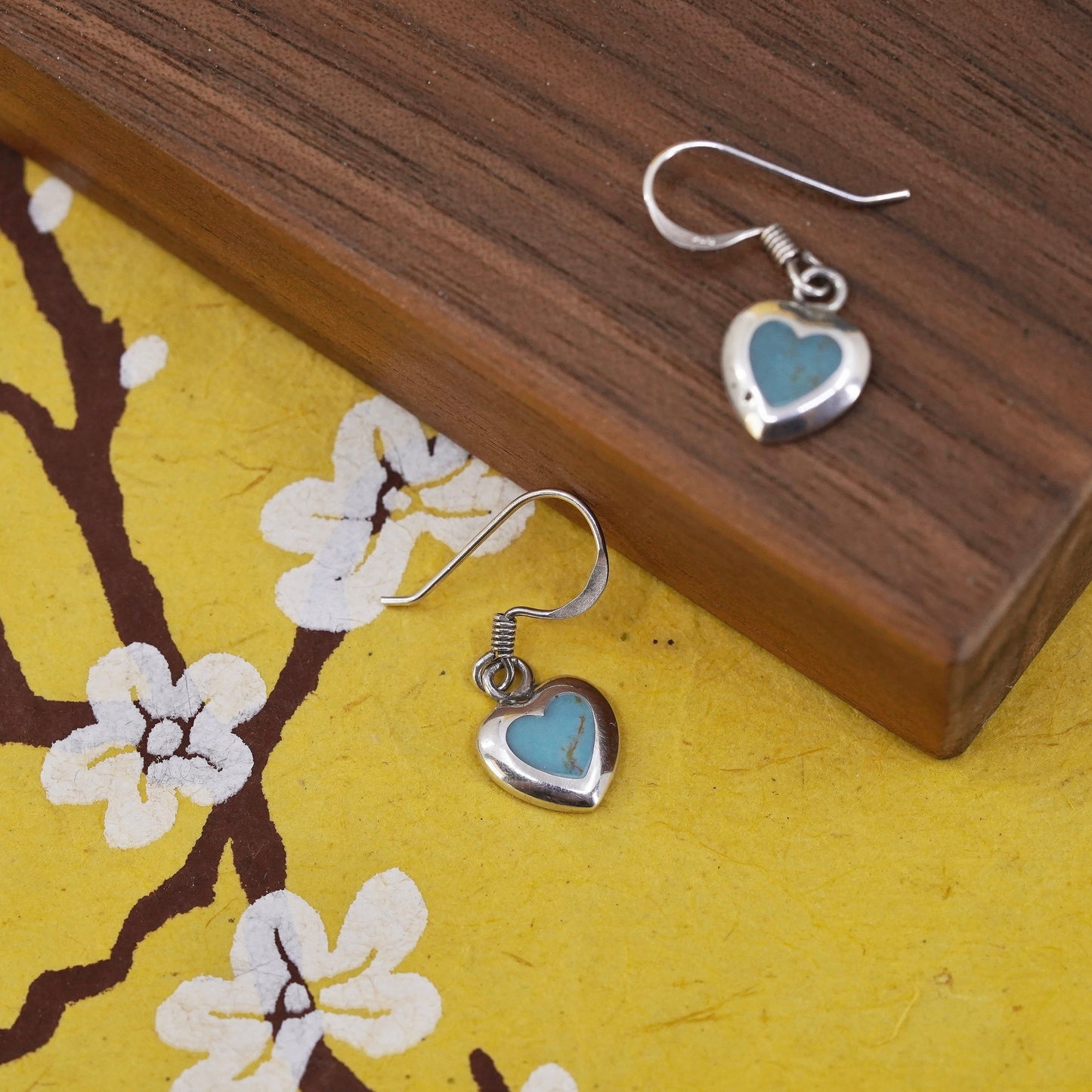 Vintage Sterling silver handmade earrings with heart turquoise inlay