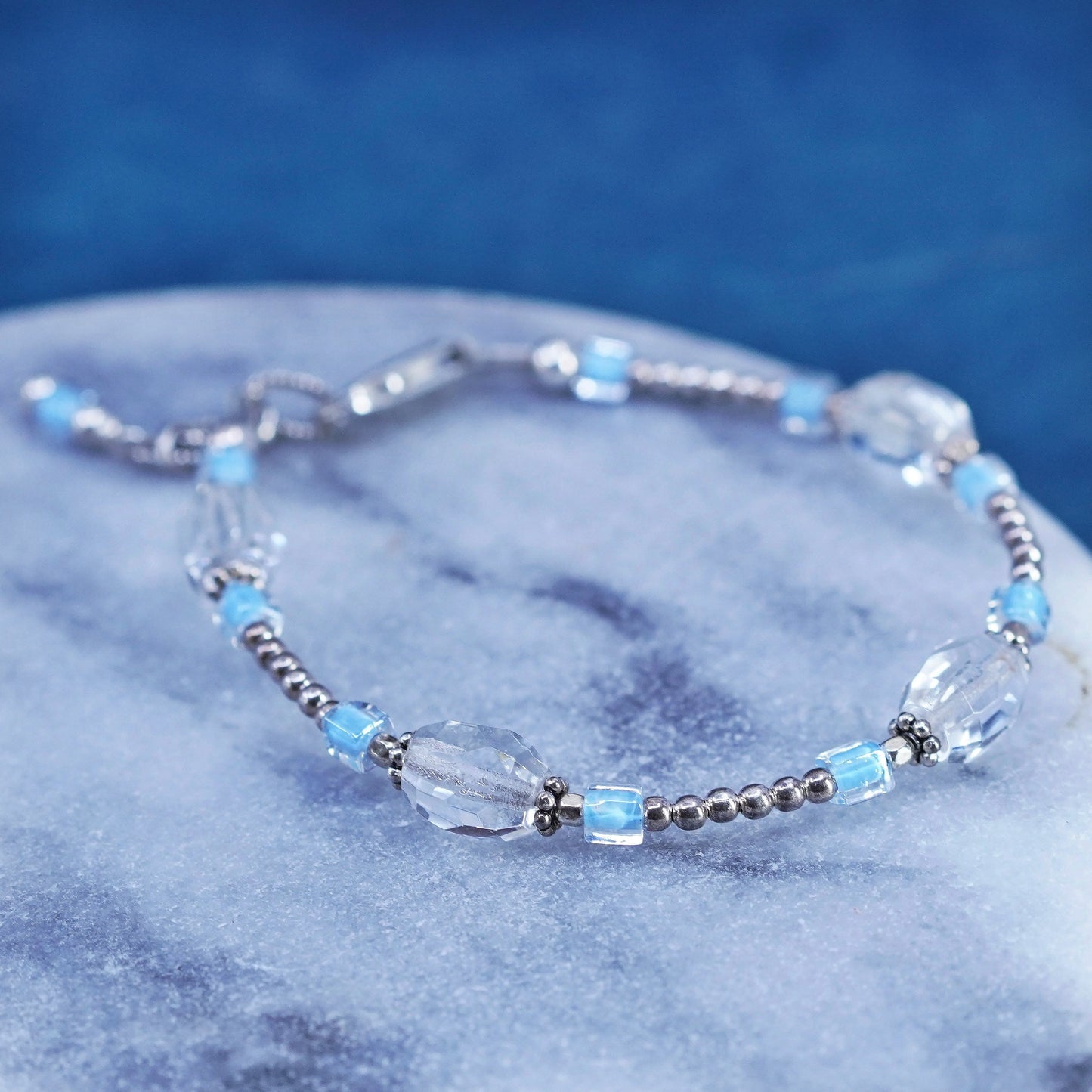 6+1”, vintage Sterling silver handmade bracelet, 925 beads w/ Swarovski crystal