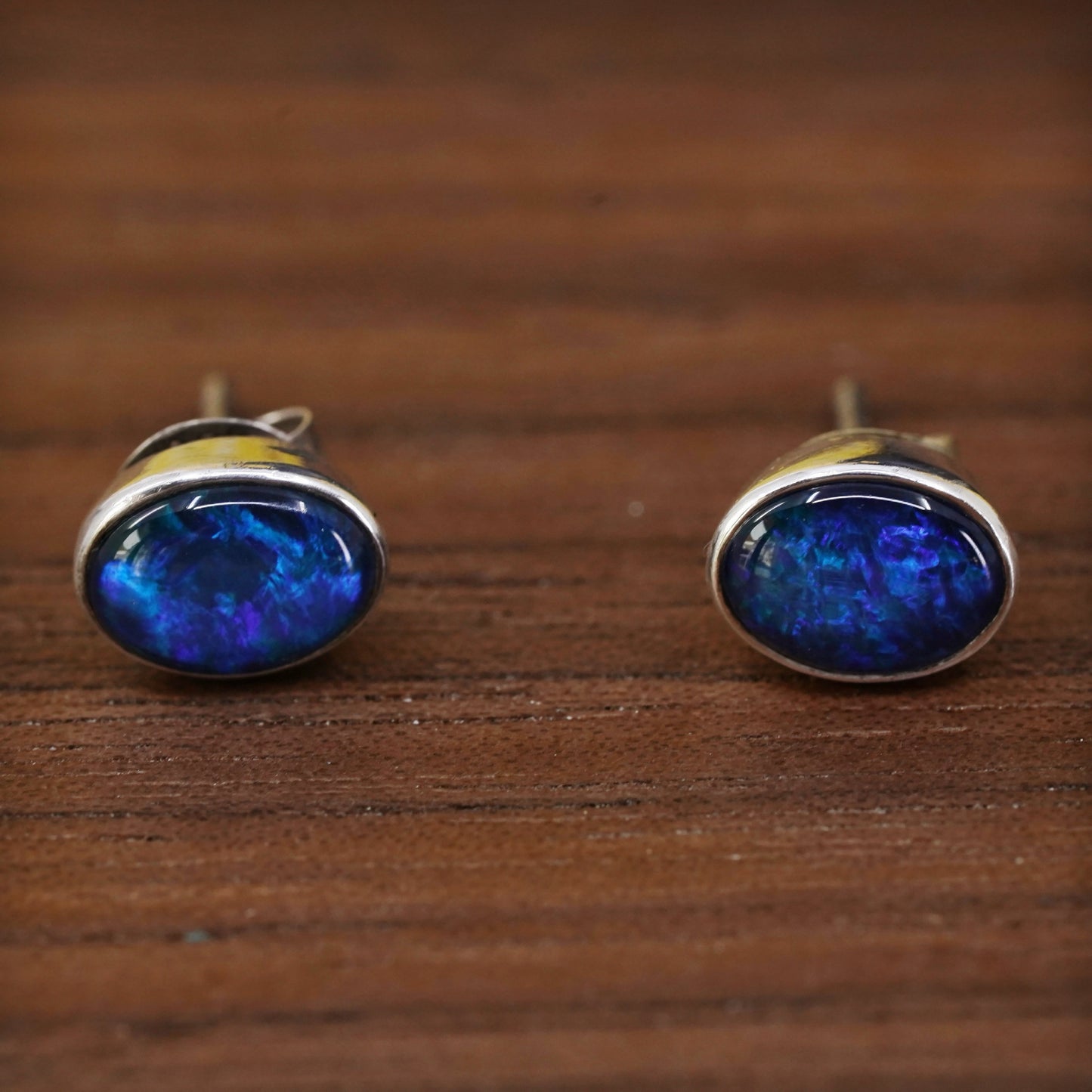 vintage Sterling silver handmade earrings, 925 studs with blue opal inlay