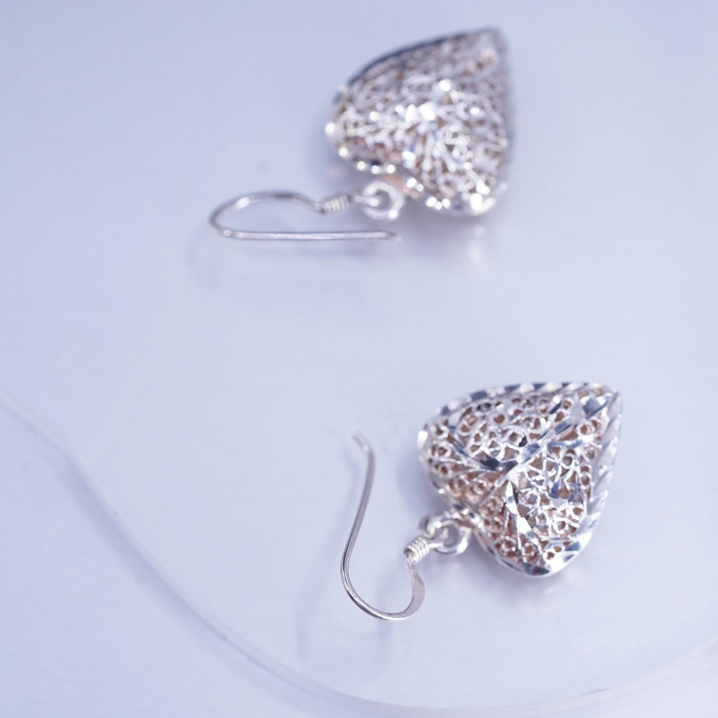 Vintage Sterling 925 silver handmade filigree puffy heart earrings