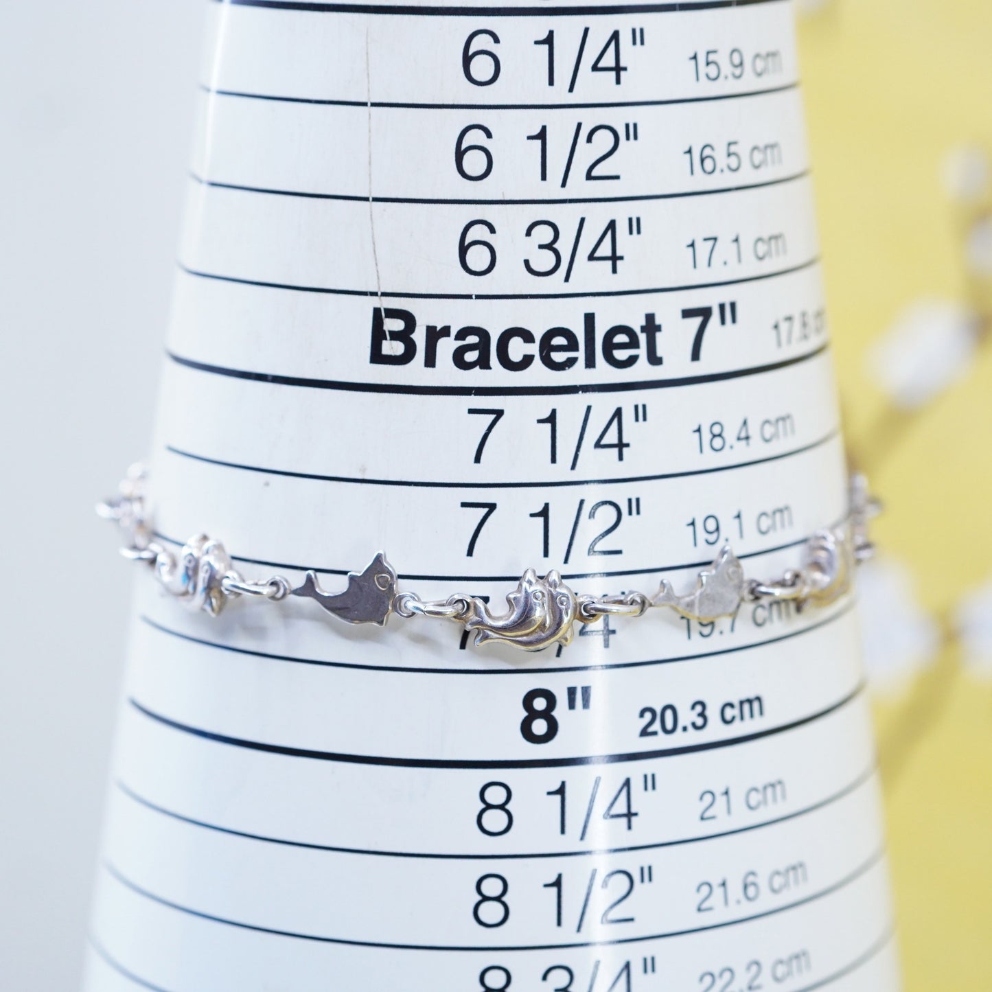 7.75”, vintage sterling 925 silver handmade bracelet, chain with dolphin charms