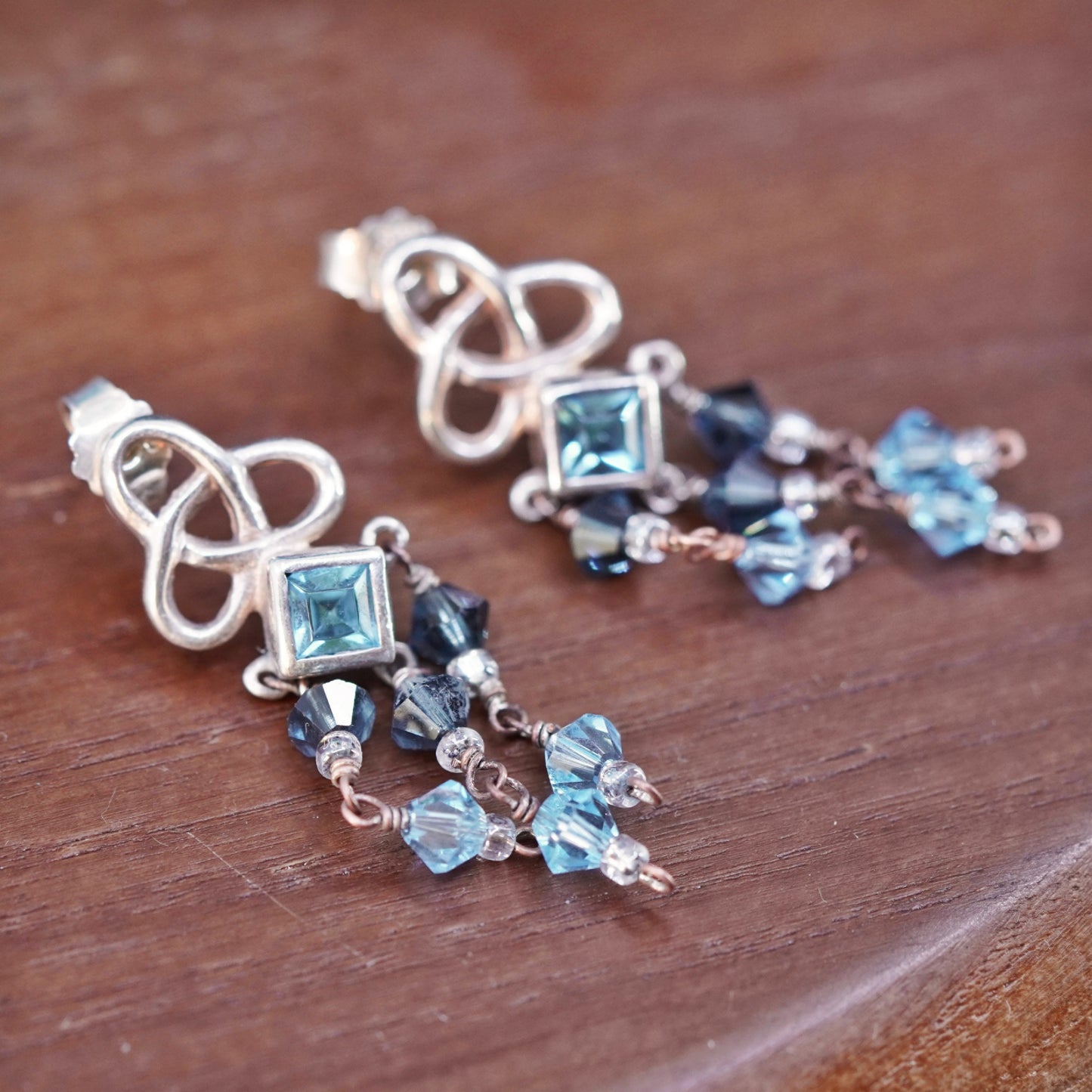 Vintage Sterling 925 silver handmade Irish Celtic knot earrings with blue topaz