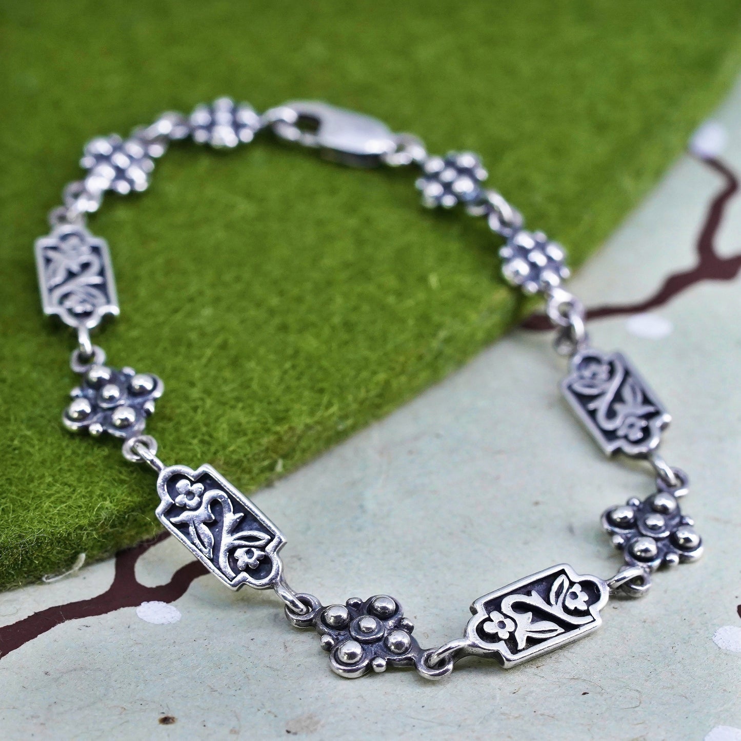 7", Vintage sterling silver bracelet, 925 flower beads chain, handmade jewelry