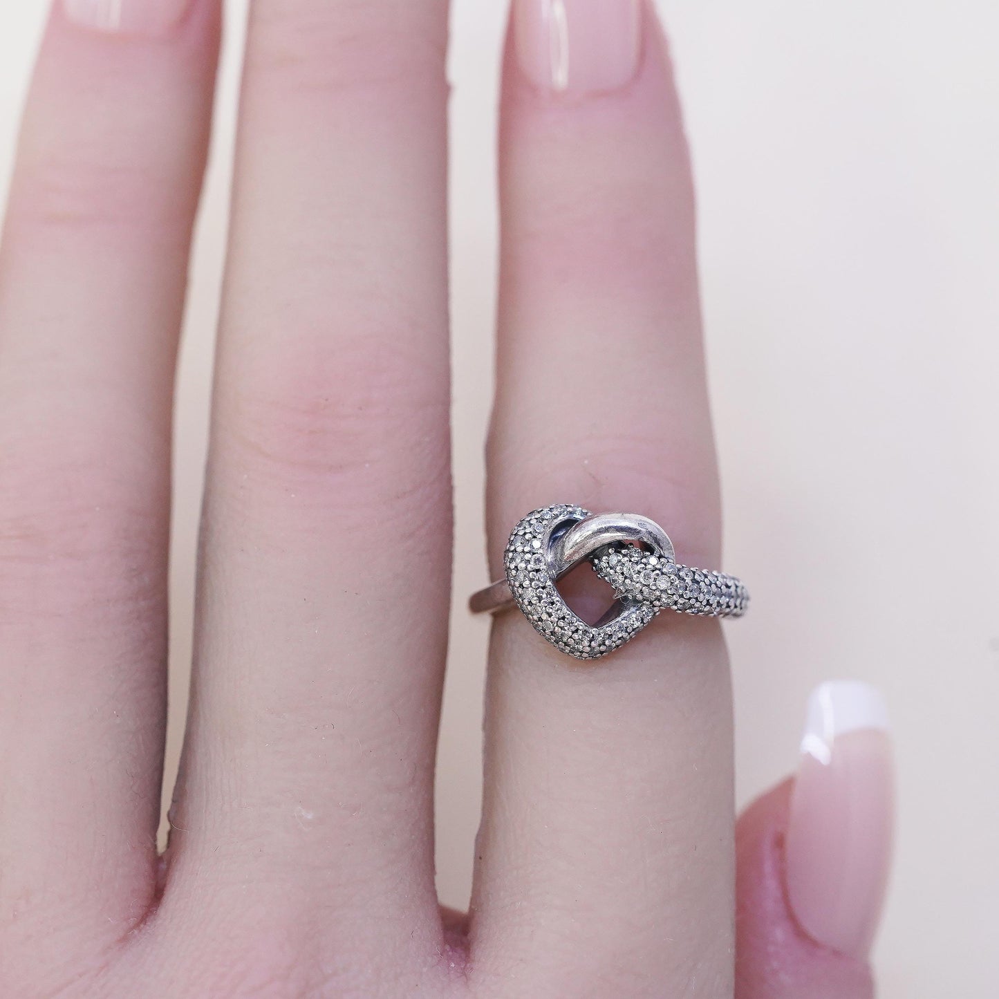 Size 4.25, VTG ALE Pandora Sterling 925 silver ring cluster cz knotted heart