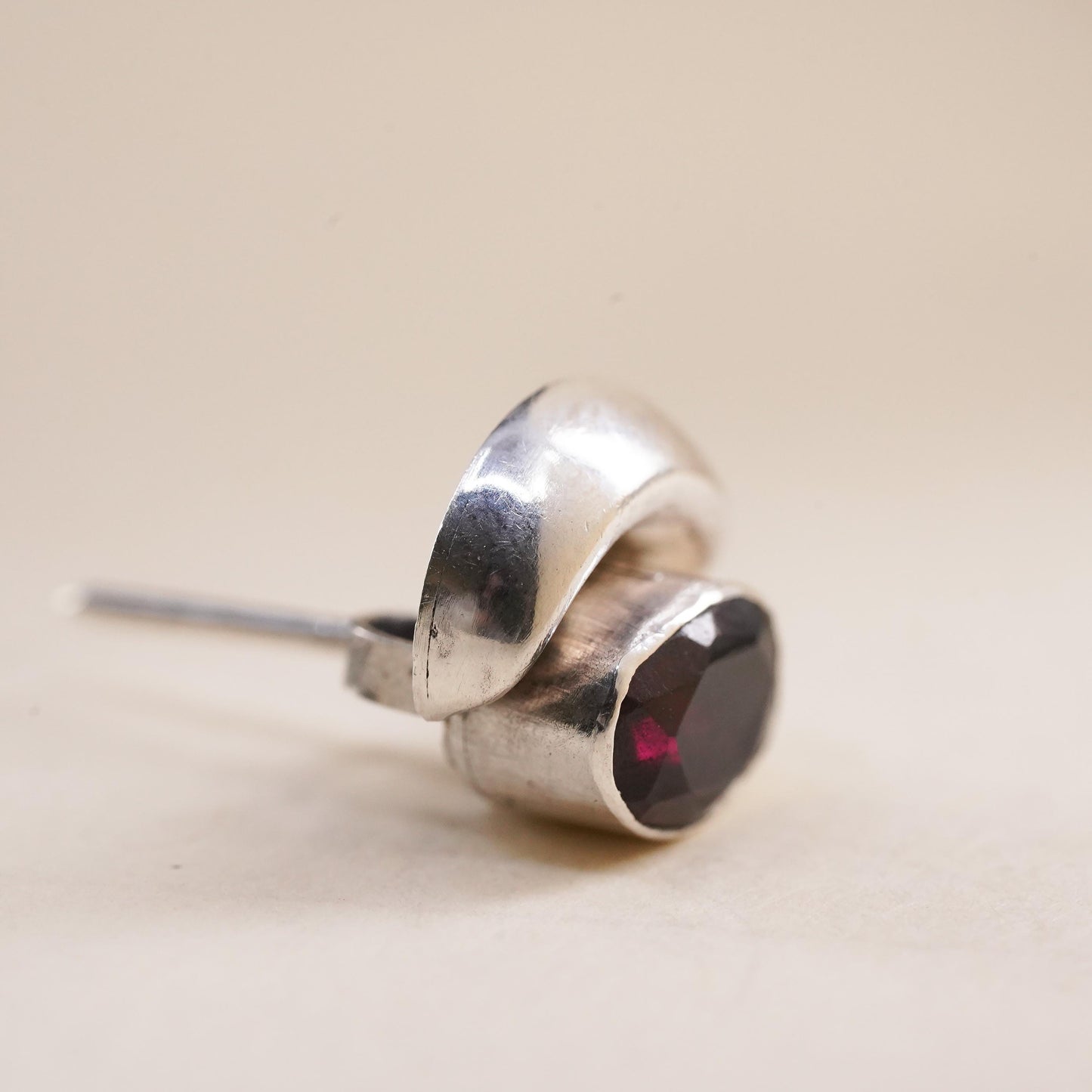 Vintage handmade single earring. Sterling 925 silver stud with garnet