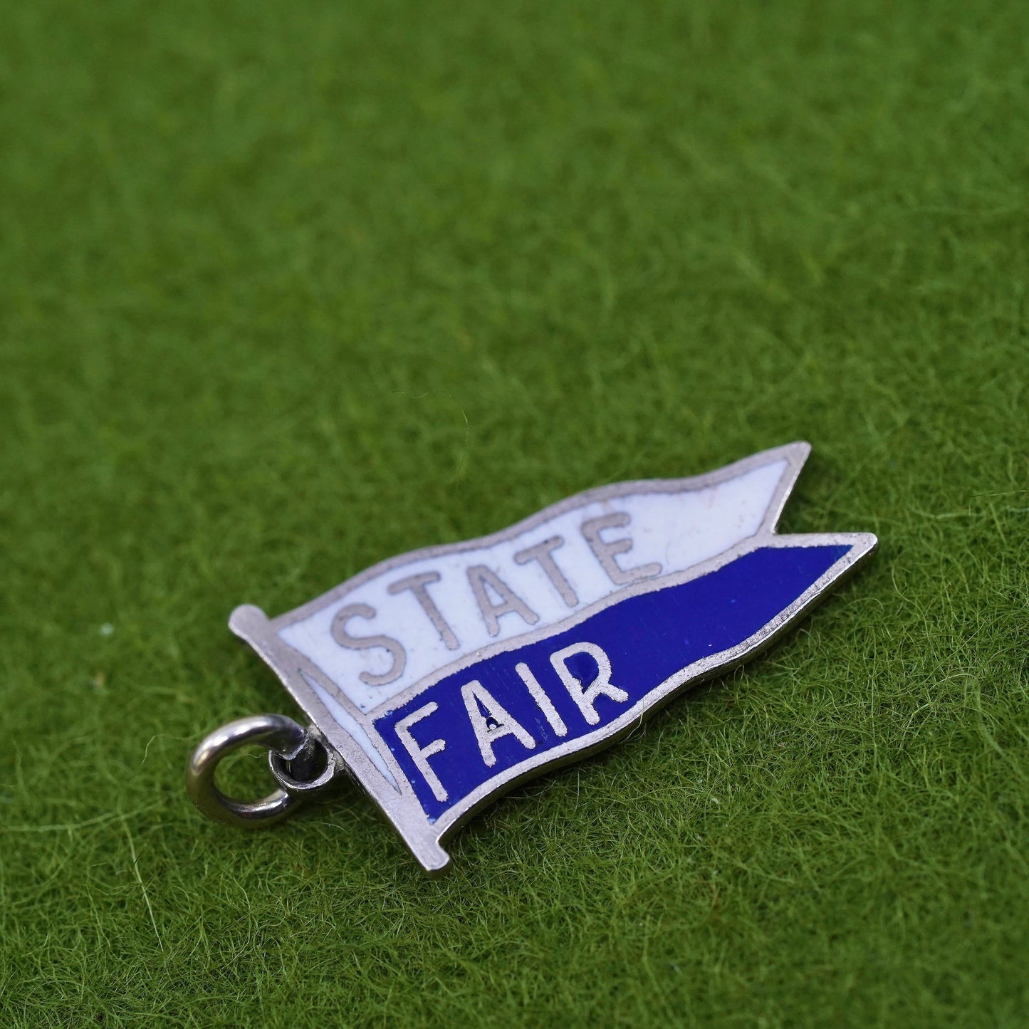 Vintage sterling handmade traveler pendant, 925 enamel state fair tag