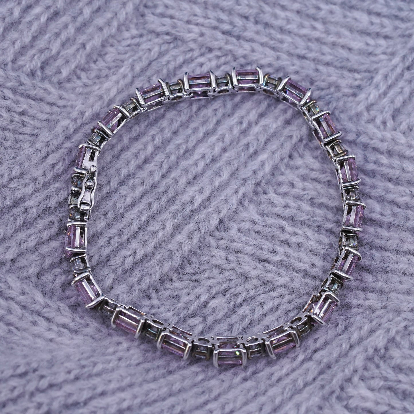 7.25”, vintage Sterling silver tennis bracelet, solid 925 silver pink crystal