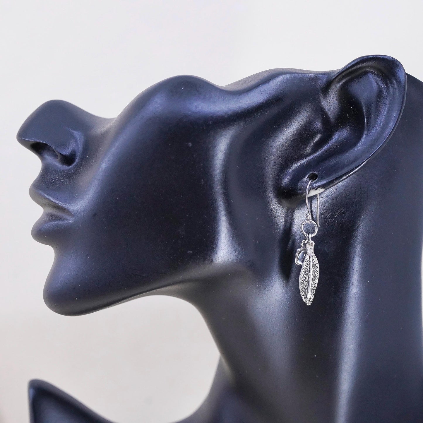 Vintage southwestern Sterling silver earrings, 925 feather with crystal charms