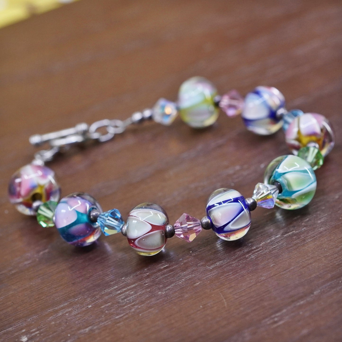 6.5”, Vintage handmade bracelet, blue artisan glass bead bracelet