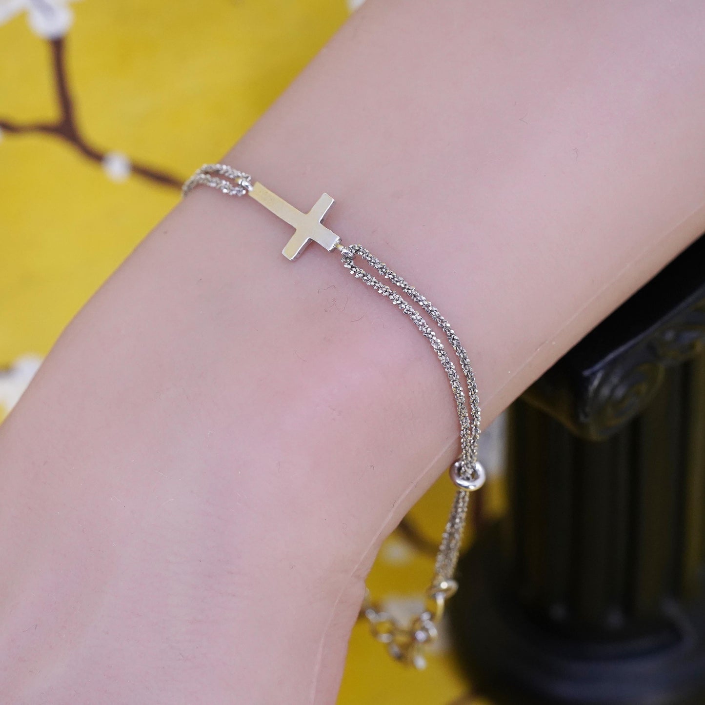 7.75", Dyadema Sterling silver bracelet, 925 double strands chain cross charm