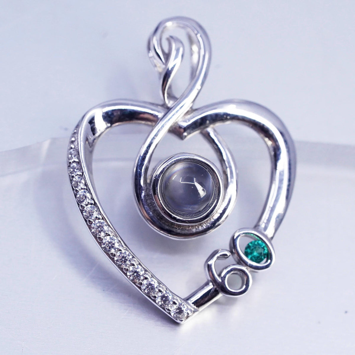 Vintage sterling 925 silver heart pendant Cz engraved I love you multi language