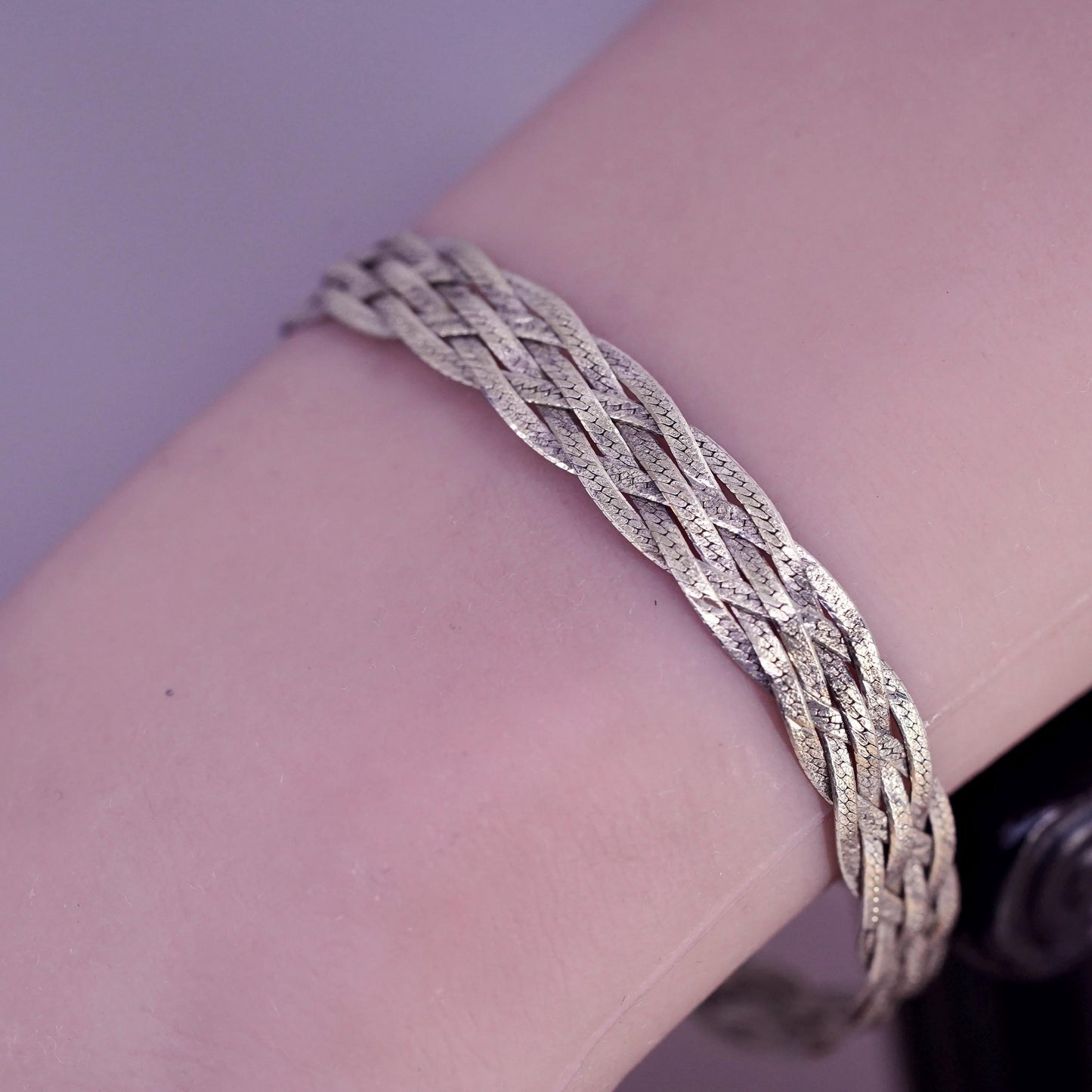 7.5", gold plated Sterling silver bracelet, 925 woven braided herringbone chain