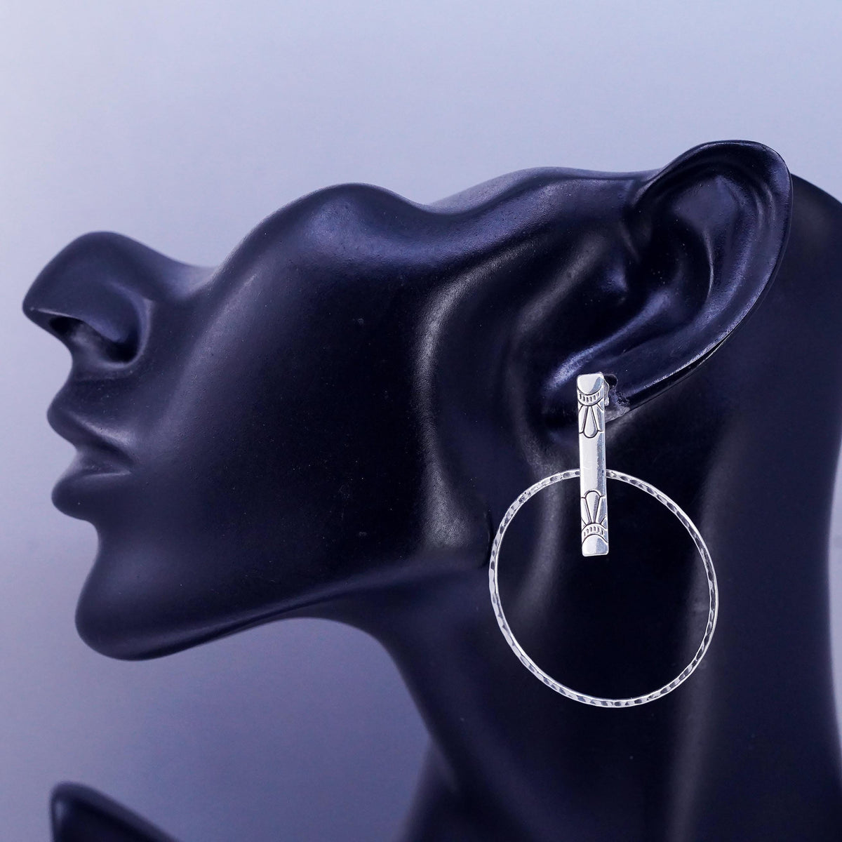 1.75", vintage Sterling silver handmade earrings, textured 925 hoop dangles