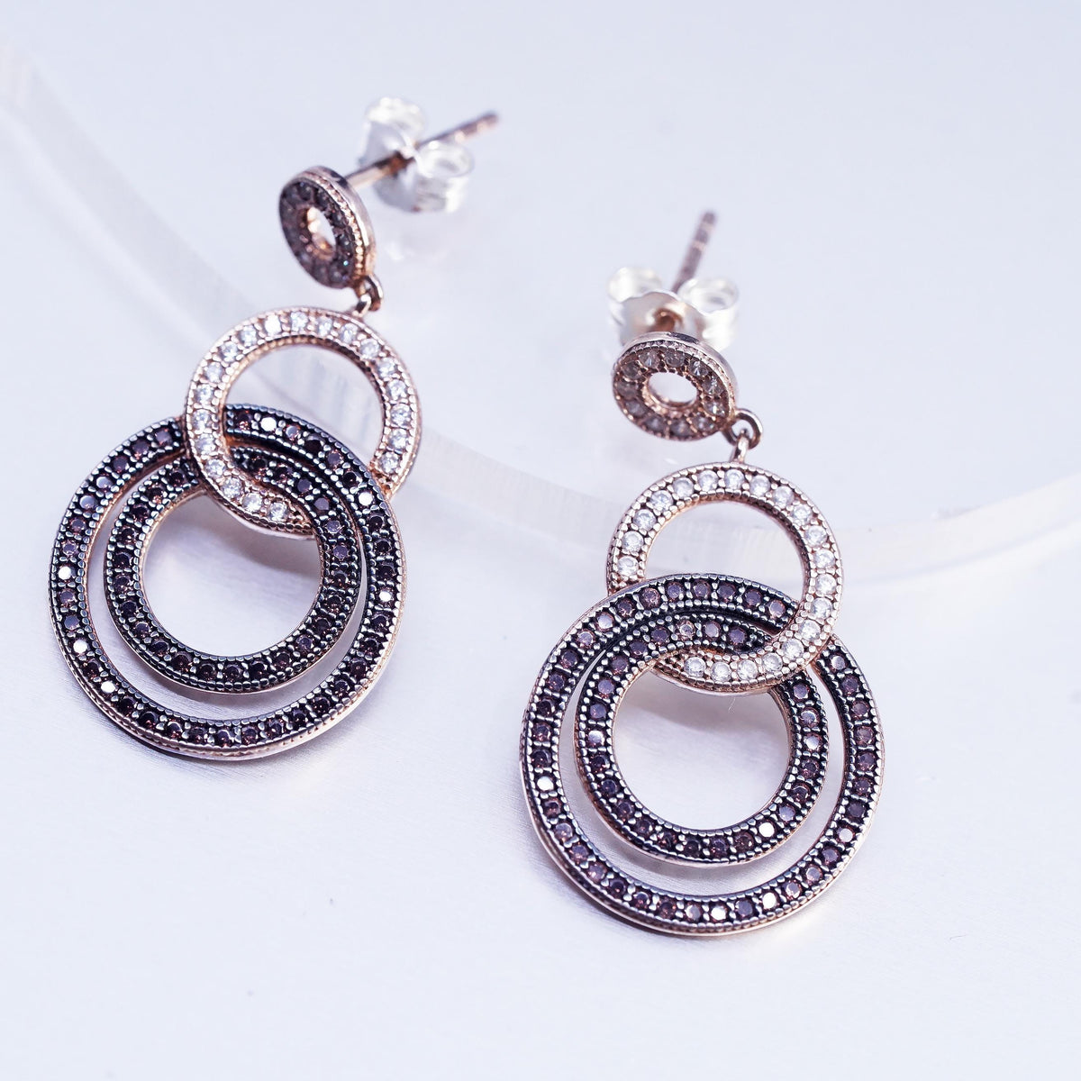 Vermeil Sterling Silver 925 Studs Earrings, Rose Gold CZ Halo, Entwined Dangles