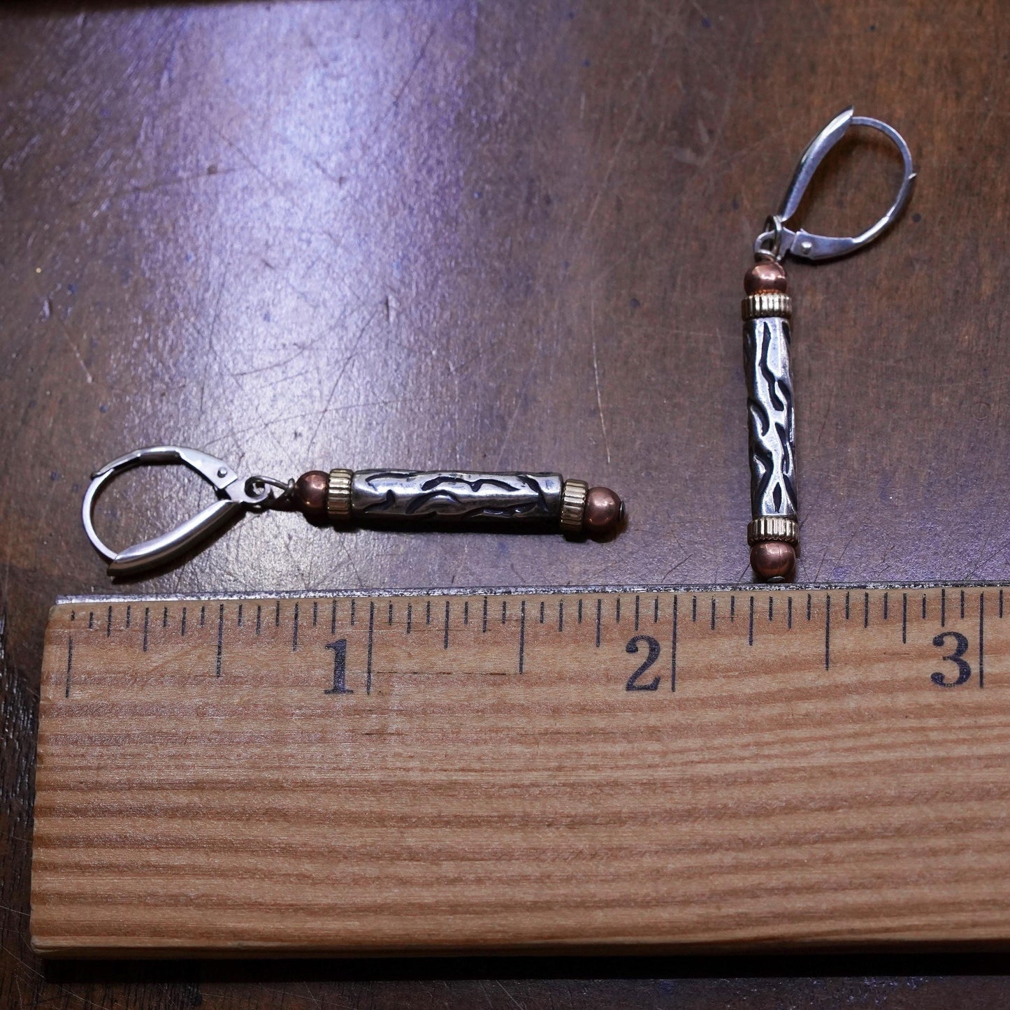 Vintage triple tone sterling 925 silver tube drops earrings with brass copper