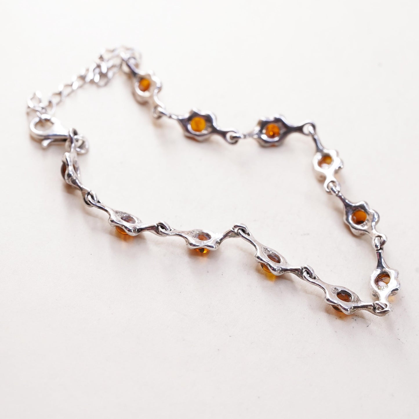 6+2", Vintage sterling 925 silver handmade bracelet with amber links