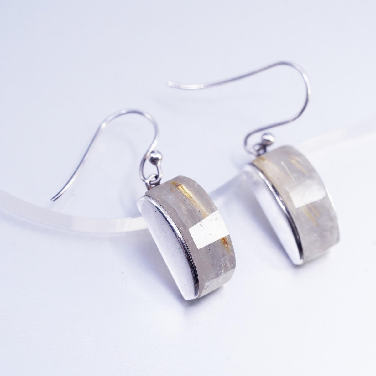 Vintage Modern Golden Rutilated Quartz Earrings, Sterling Silver 925 Dangles