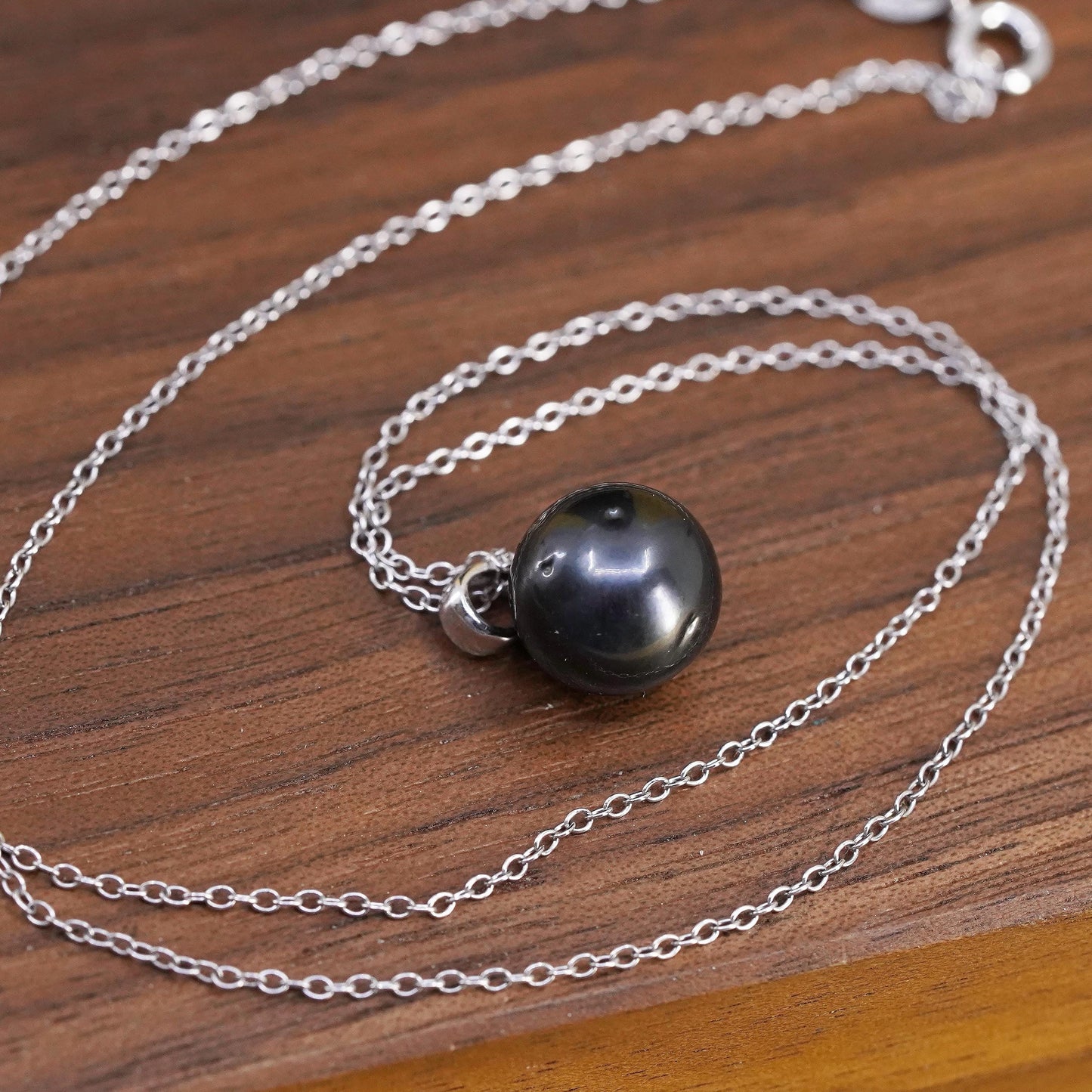 18", VTG sterling silver handmade necklace, 925 circle chain 10mm black pearl