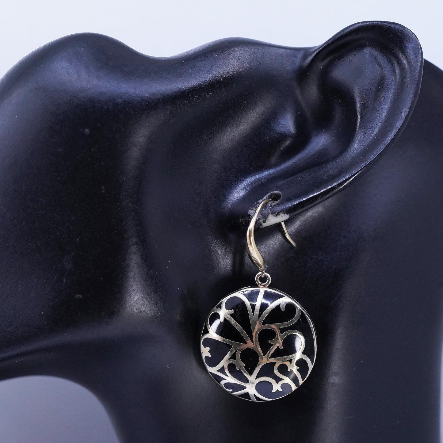 Vintage gold plated Sterling 925 silver circle spiral earrings black enamel