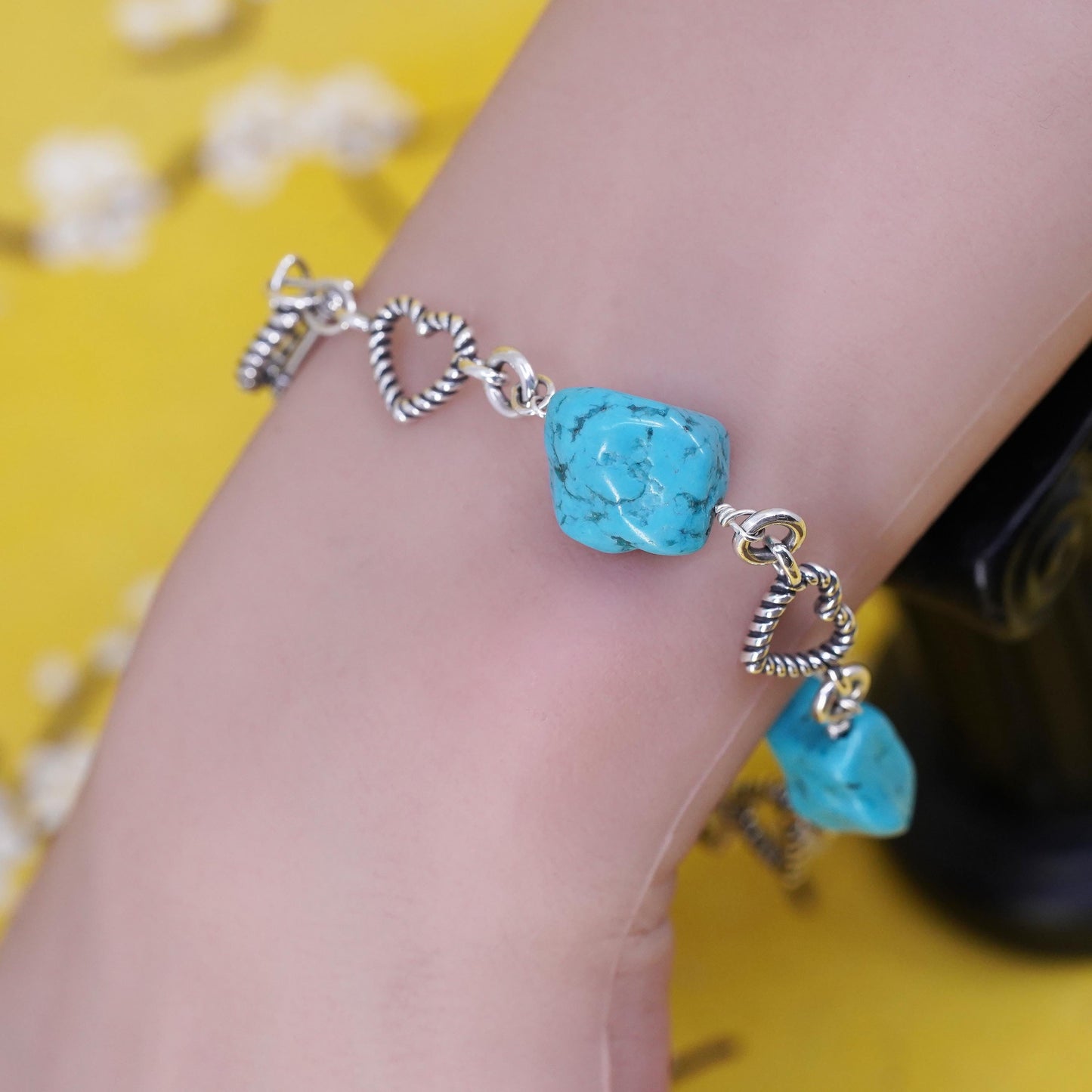 7.5", southwestern Lenox Sterling silver bracelet, turquoise bracelet 925 heart