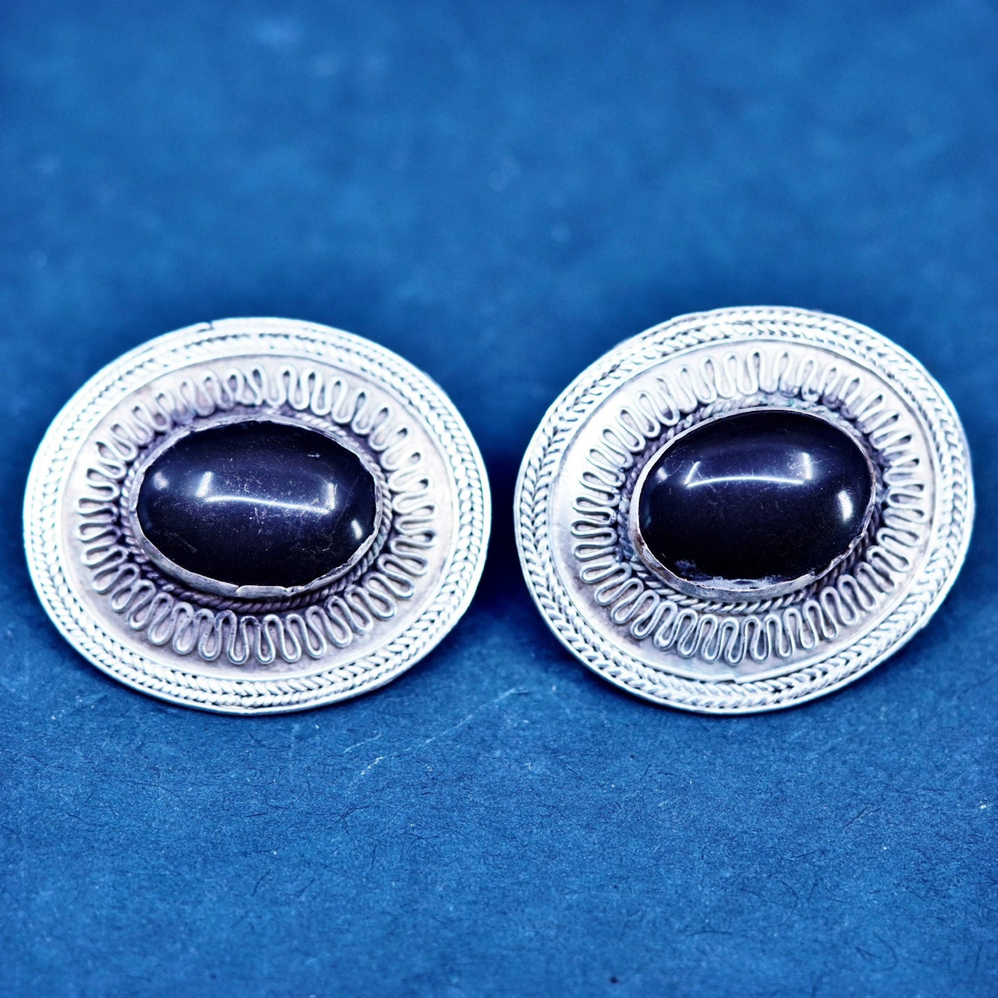 Vintage sterling 925 silver handmade earrings with oval obsidian