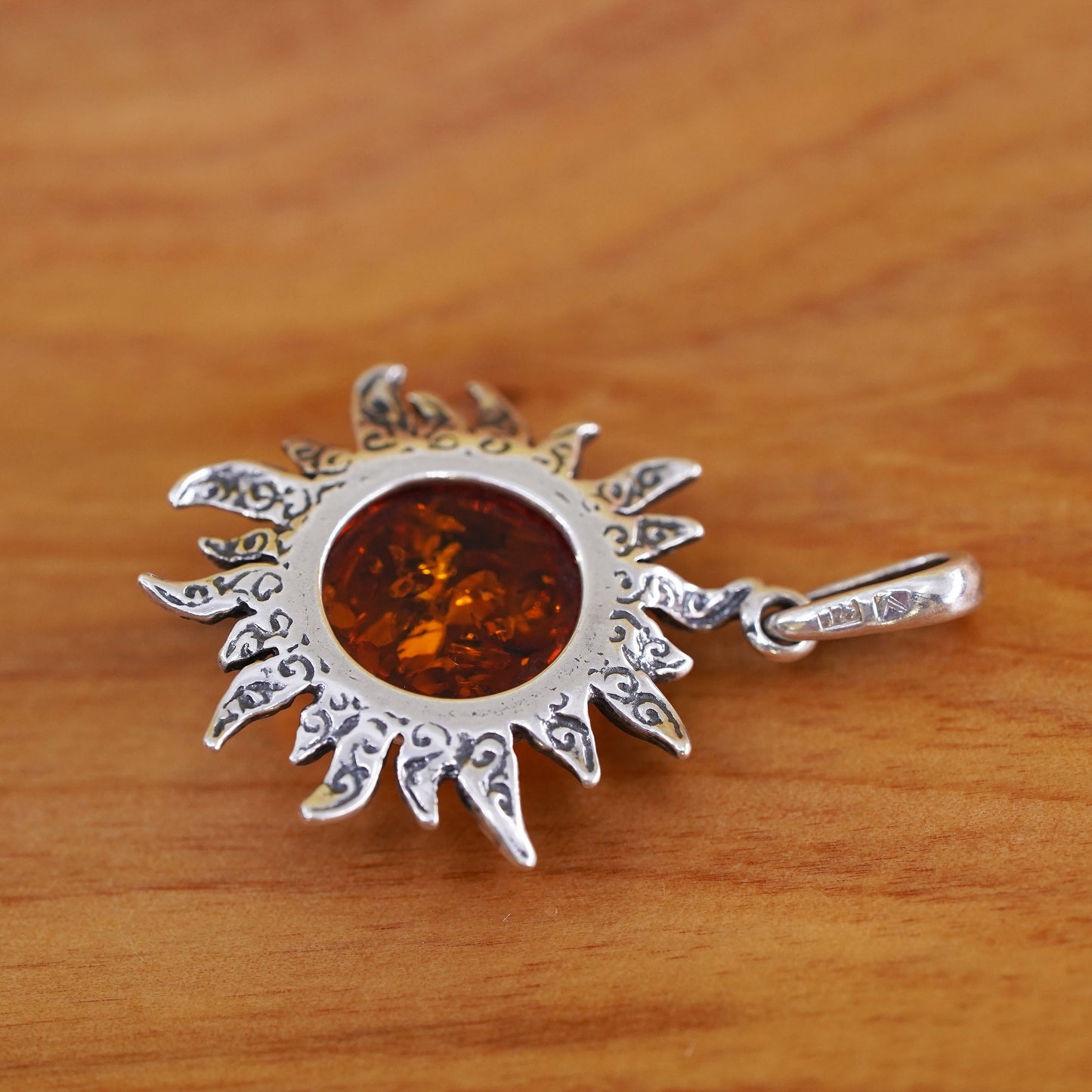Vintage Sterling 925 silver handmade Sun pendant with Amber