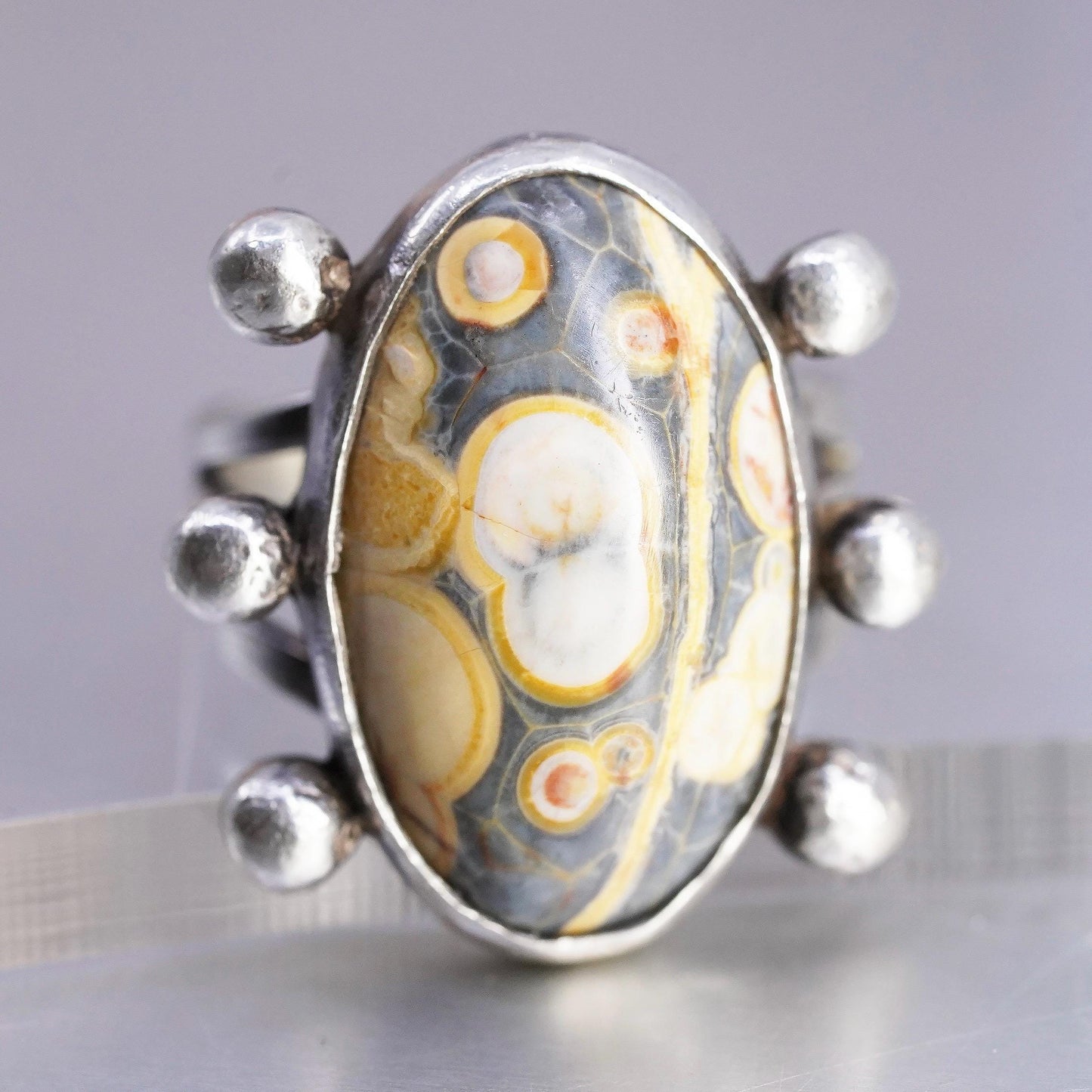 Size 8, 925 Sterling Silver Ocean Jasper Ring, Orbicular Jasper Cabochon Ring