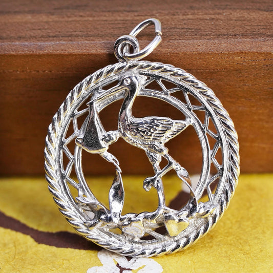 Sterling 925 Silver Stork Charm Pendant, Baby Delivery Bundle New Baby Keepsake