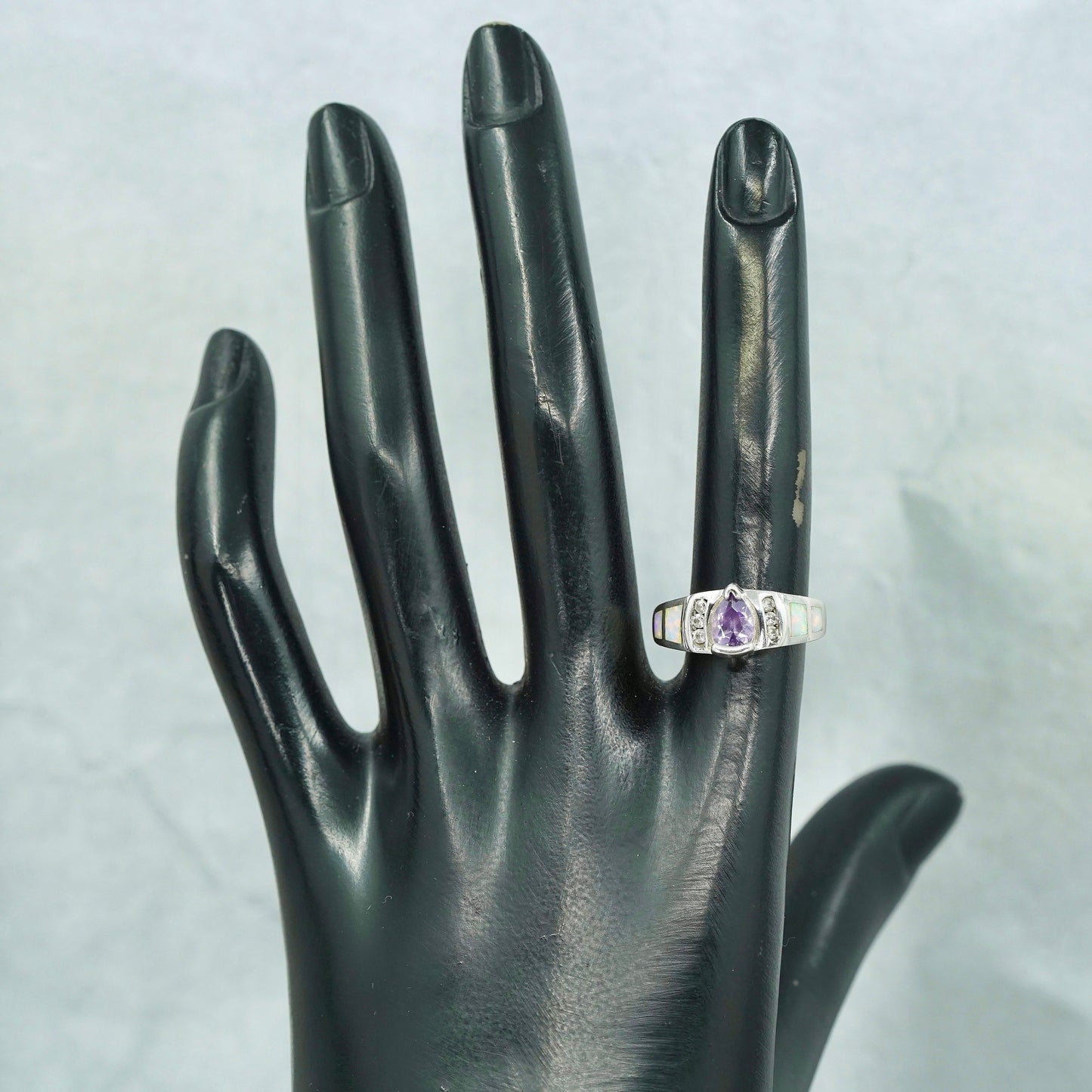 Size 6, vintage Sterling 925 silver handmade ring with amethyst and opal inlay