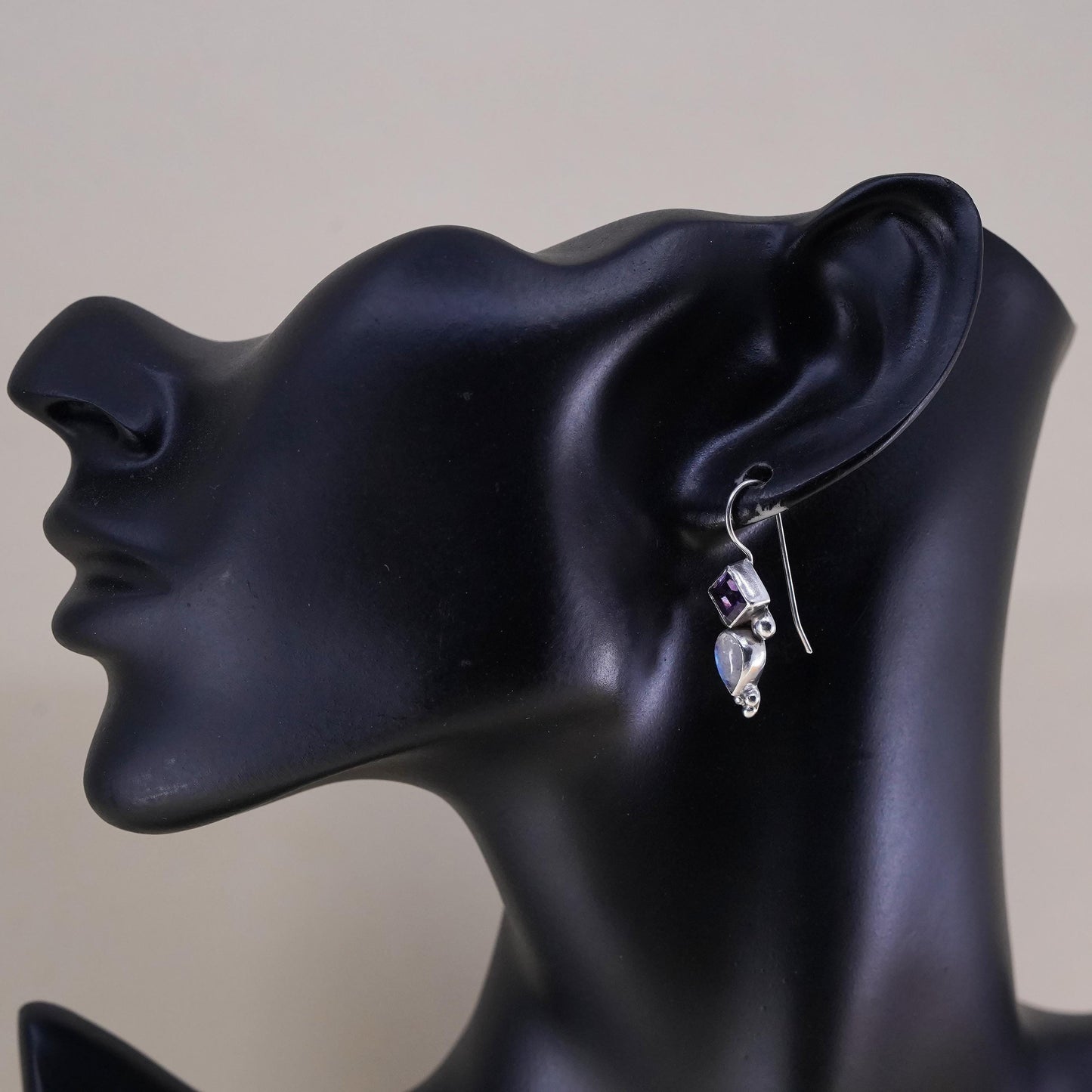 Vintage Sterling 925 silver handmade earrings with amethyst and moonstone