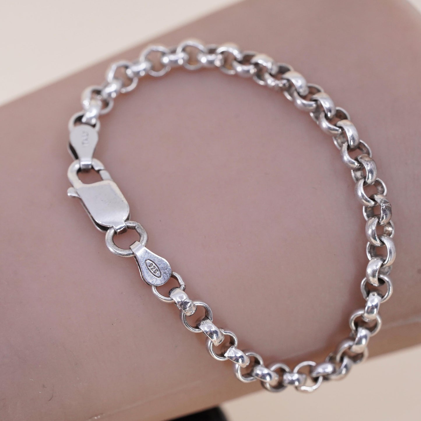 5.5", 4mm, Vintage sterling 925 silver handmade circle link charm bracelet