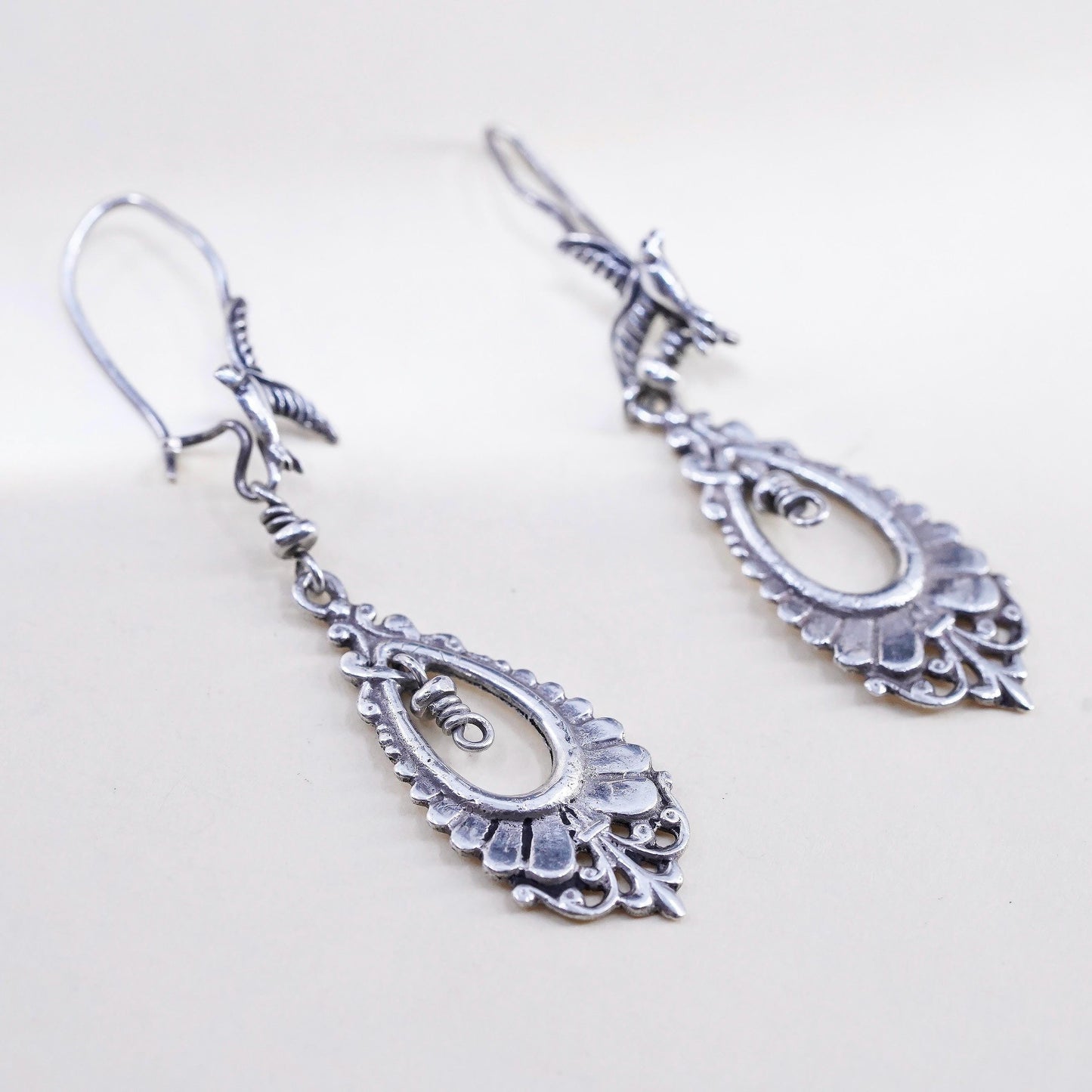 Southwestern Sterling Silver Swallow Bird Dangles, Teardrop Filigree Earrings
