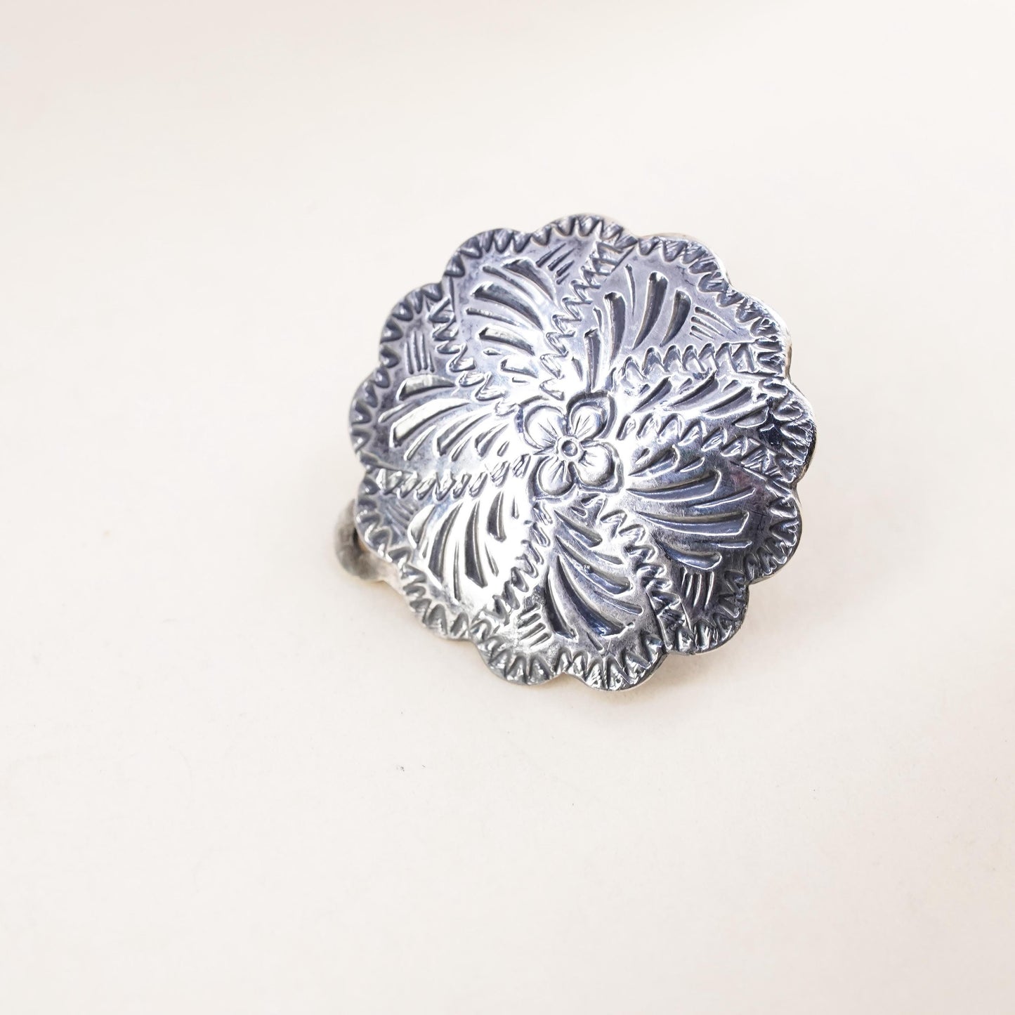 southwestern sterling silver single earring, 925 silver floral textured clip on