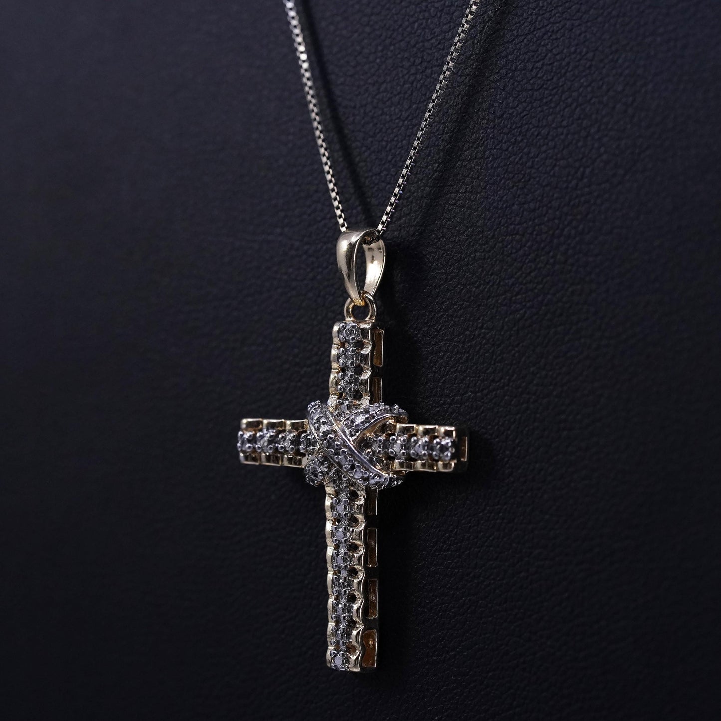 18”, vermeil gold over sterling 925 silver box necklace cross pendant diamond